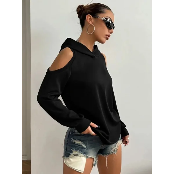 Kadın Uzun Kollu Kapşonlu Omuzlardan Açık Viskon Iki Iplik Bluz
