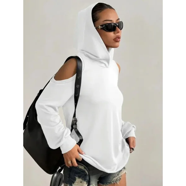 Kadın Uzun Kollu Kapşonlu Omuzlardan Açık Viskon Iki Iplik Bluz