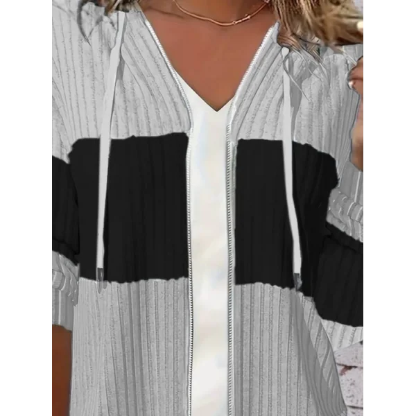 Kadın Uzun Kollu Kapşonlu önden Fermuarlı Blok Desenli şardonlu Kaşkorse Ceket