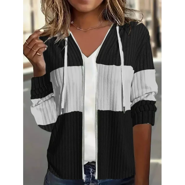 Kadın Uzun Kollu Kapşonlu önden Fermuarlı Blok Desenli şardonlu Kaşkorse Ceket