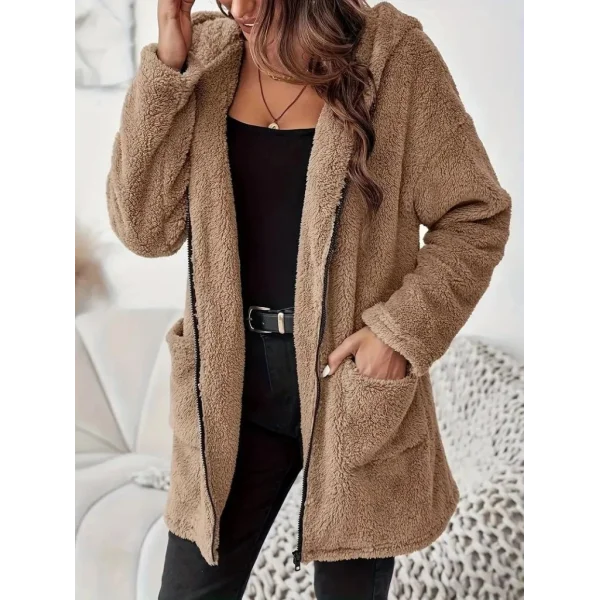 Kadın Uzun Kollu Kapşonlu önden Fermuarlı Cepli Welsoft Ceket