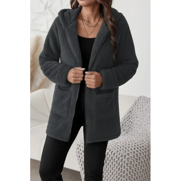 Kadın Uzun Kollu Kapşonlu önden Fermuarlı Cepli Welsoft Ceket