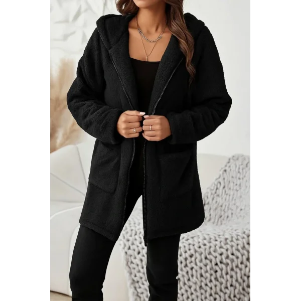 Kadın Uzun Kollu Kapşonlu önden Fermuarlı Cepli Welsoft Ceket