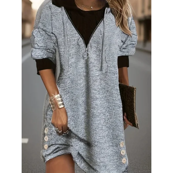 Kadın Uzun Kollu Kapşonlu önden Fermuarlı Düğmeli Mini Iki Iplik Elbise