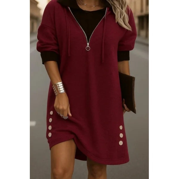 Kadın Uzun Kollu Kapşonlu önden Fermuarlı Düğmeli Mini Iki Iplik Elbise
