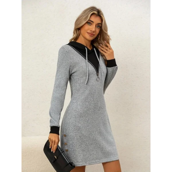 Kadın Uzun Kollu Kapşonlu önden Fermuarlı Düğmeli Mini Iki Iplik Elbise