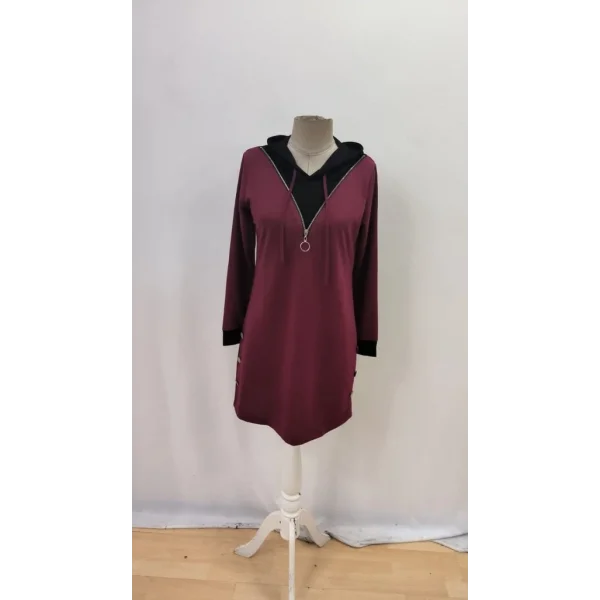 Kadın Uzun Kollu Kapşonlu önden Fermuarlı Düğmeli Mini Iki Iplik Elbise