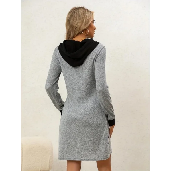 Kadın Uzun Kollu Kapşonlu önden Fermuarlı Düğmeli Mini Iki Iplik Elbise