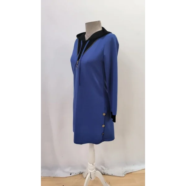 Kadın Uzun Kollu Kapşonlu önden Fermuarlı Düğmeli Mini Iki Iplik Elbise