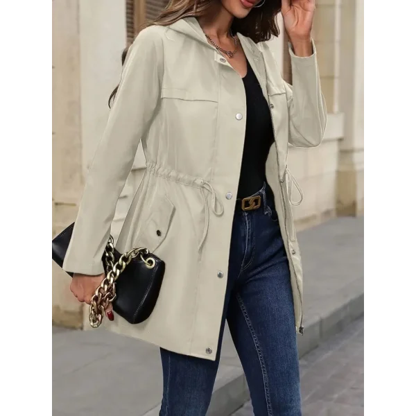 Kadın Uzun Kollu Kapşonlu önden Fermuarlı Düğmeli Ve Cep Detay Bondit Ceket