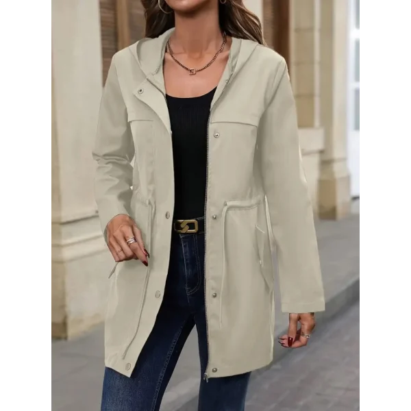 Kadın Uzun Kollu Kapşonlu önden Fermuarlı Düğmeli Ve Cep Detay Bondit Ceket