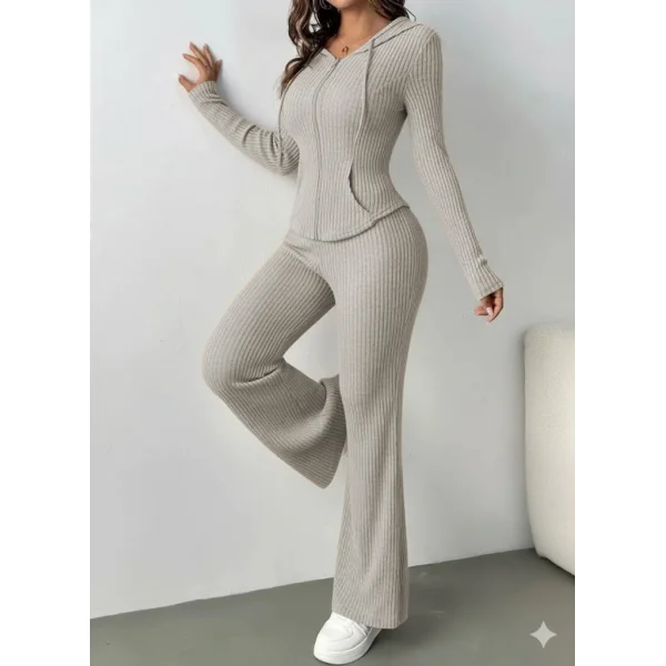 Kadın Uzun Kollu Kapşonlu önden Fermuarlı Kaşkorse Bluz Ve Pantolon Ikili Takım