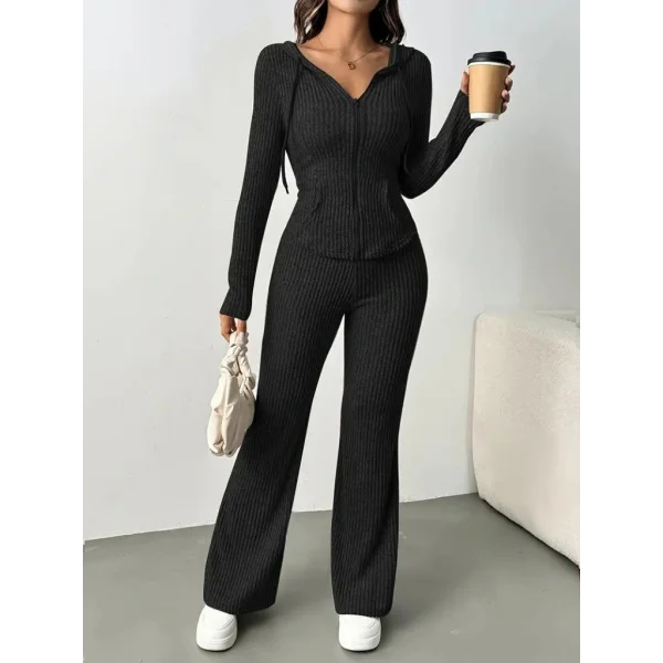 Kadın Uzun Kollu Kapşonlu önden Fermuarlı Kaşkorse Bluz Ve Pantolon Ikili Takım