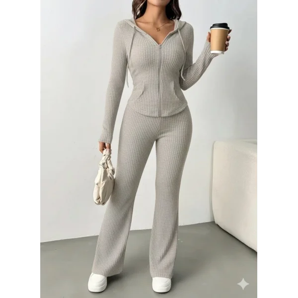 Kadın Uzun Kollu Kapşonlu önden Fermuarlı Kaşkorse Bluz Ve Pantolon Ikili Takım