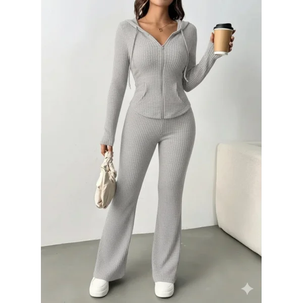 Kadın Uzun Kollu Kapşonlu önden Fermuarlı Kaşkorse Bluz Ve Pantolon Ikili Takım