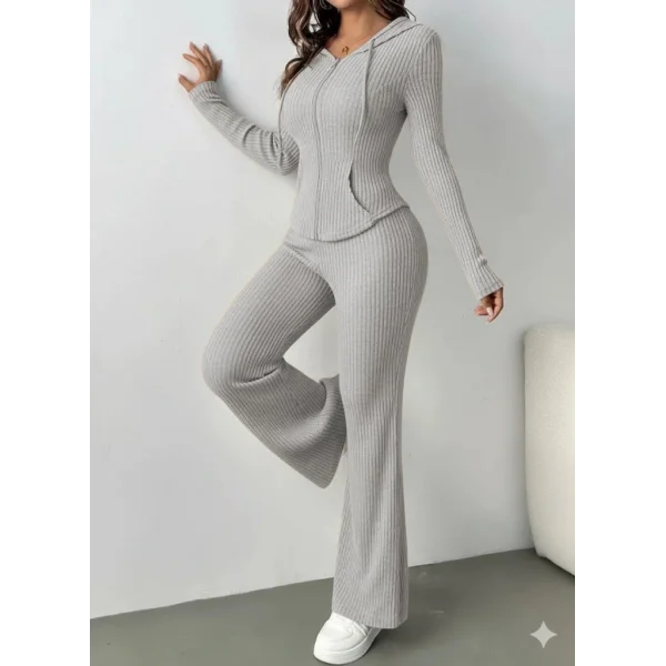 Kadın Uzun Kollu Kapşonlu önden Fermuarlı Kaşkorse Bluz Ve Pantolon Ikili Takım