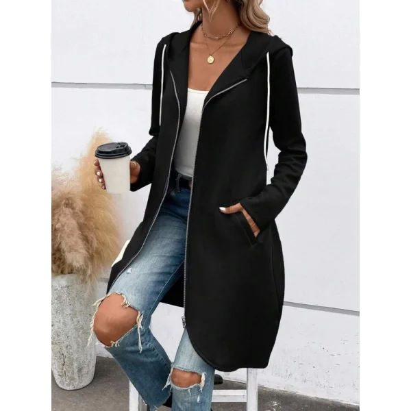 Kadın Uzun Kollu Kapşonlu önden Fermuarlı Midi Dalgıç Ceket