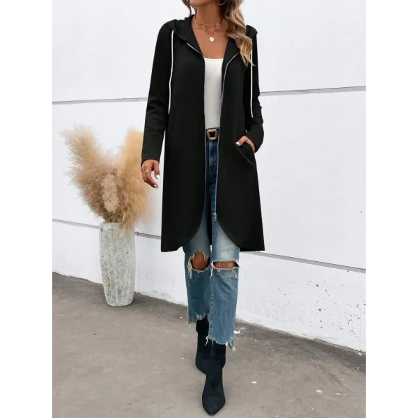 Kadın Uzun Kollu Kapşonlu önden Fermuarlı Midi Dalgıç Ceket