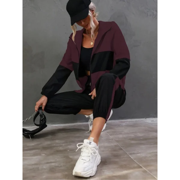 Kadın Uzun Kollu Kapşonlu önden Fermuarlı Viskon Iki Iplik Bluz Ve Pantolon Ikili Takım