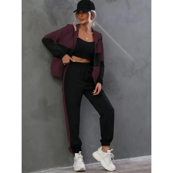 Kadın Uzun Kollu Kapşonlu önden Fermuarlı Viskon Iki Iplik Bluz Ve Pantolon Ikili Takım