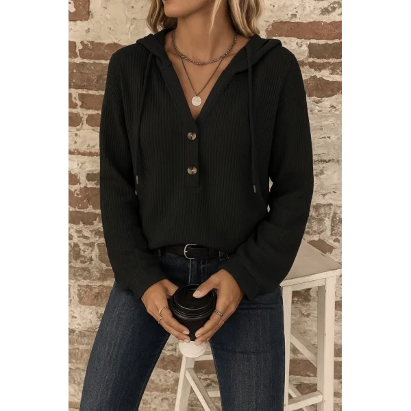 Kadın Uzun Kollu Kapşonlu önü Düğmeli Ve Bağcıklı Waffle Bluz