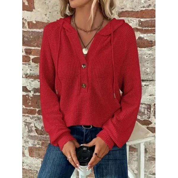 Kadın Uzun Kollu Kapşonlu önü Düğmeli Ve Bağcıklı Waffle Bluz
