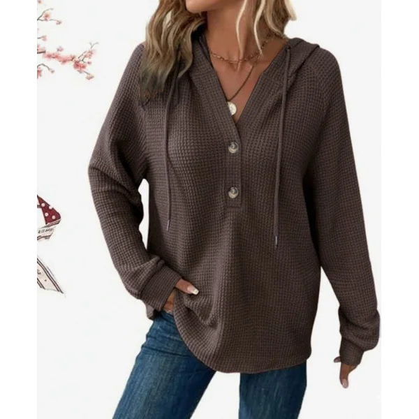 Kadın Uzun Kollu Kapşonlu önü Düğmeli Ve Bağcıklı Waffle Bluz