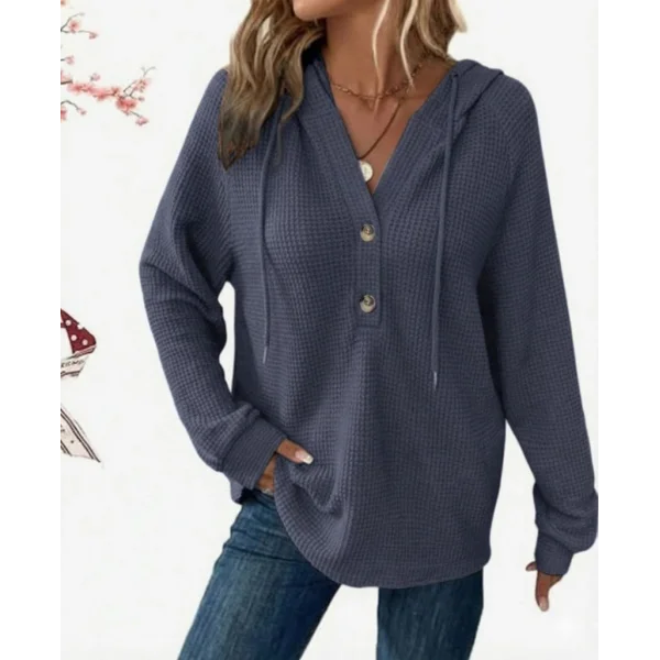 Kadın Uzun Kollu Kapşonlu önü Düğmeli Ve Bağcıklı Waffle Bluz