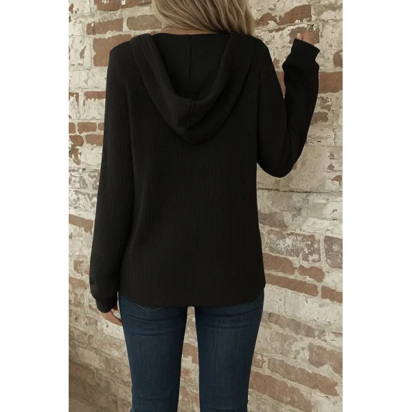 Kadın Uzun Kollu Kapşonlu önü Düğmeli Ve Bağcıklı Waffle Bluz