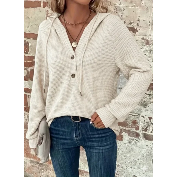 Kadın Uzun Kollu Kapşonlu önü Düğmeli Ve Bağcıklı Waffle Bluz