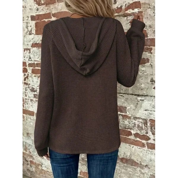 Kadın Uzun Kollu Kapşonlu önü Düğmeli Ve Bağcıklı Waffle Bluz