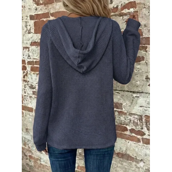 Kadın Uzun Kollu Kapşonlu önü Düğmeli Ve Bağcıklı Waffle Bluz