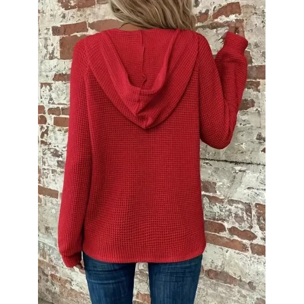 Kadın Uzun Kollu Kapşonlu önü Düğmeli Ve Bağcıklı Waffle Bluz