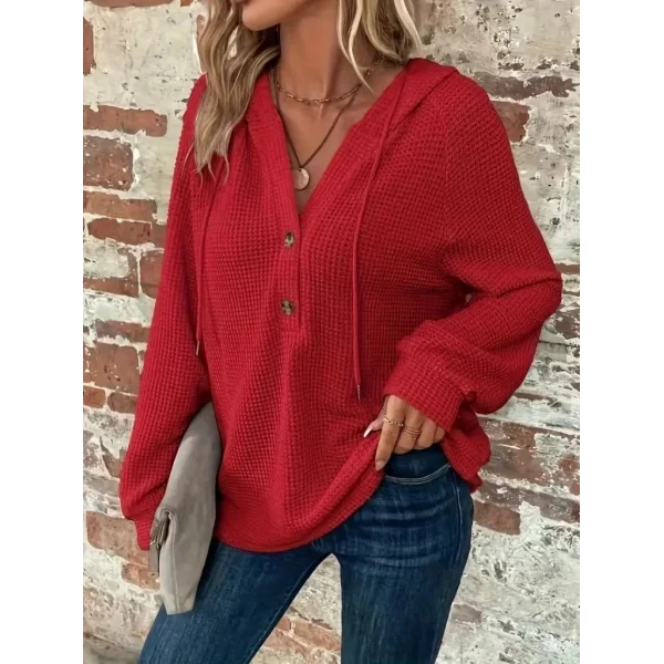 Kadın Uzun Kollu Kapşonlu önü Düğmeli Ve Bağcıklı Waffle Bluz