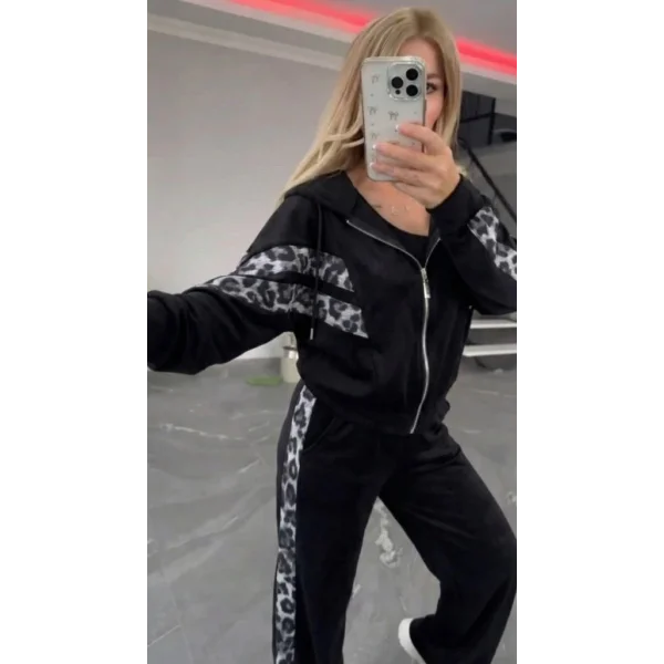 Kadın Uzun Kollu Kapşonlu önü Fermuarlı Leopar Desenli Modal Bluz Ve Pantolon Ikili Takım