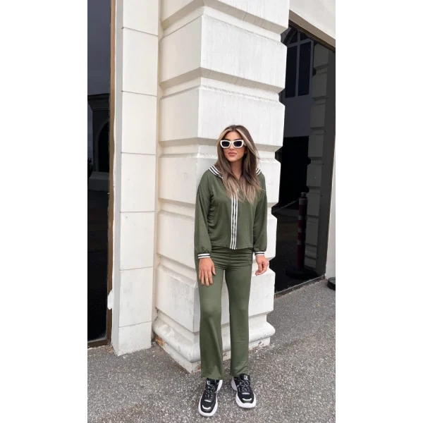 Kadın Uzun Kollu Kapşonlu önü Fermuarlı şerit Detay Viskon Iki Iplik Alt üst Ikili Takım