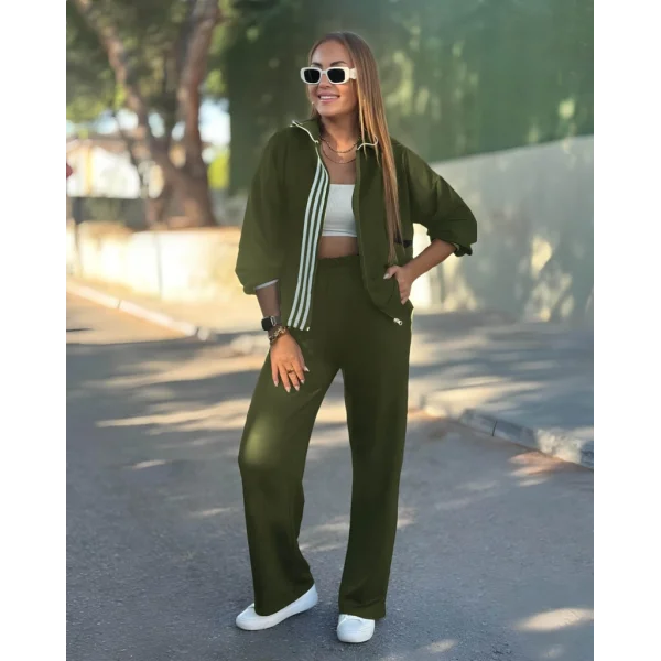 Kadın Uzun Kollu Kapşonlu önü Fermuarlı şerit Detay Viskon Iki Iplik Alt üst Ikili Takım