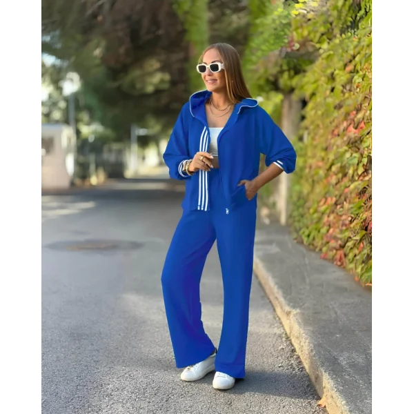 Kadın Uzun Kollu Kapşonlu önü Fermuarlı şerit Detay Viskon Iki Iplik Alt üst Ikili Takım