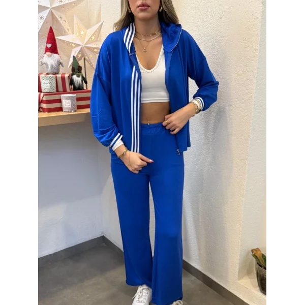 Kadın Uzun Kollu Kapşonlu önü Fermuarlı şerit Detay Viskon Iki Iplik Alt üst Ikili Takım