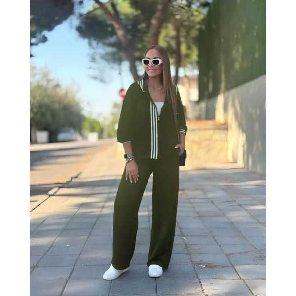 Kadın Uzun Kollu Kapşonlu önü Fermuarlı şerit Detay Viskon Iki Iplik Alt üst Ikili Takım