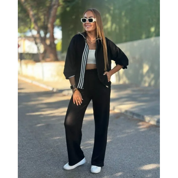 Kadın Uzun Kollu Kapşonlu Onu şerit Detaylı Fermuarlı Viskon Iki Iplik Bluz Ve Pantolon Ikili Takım