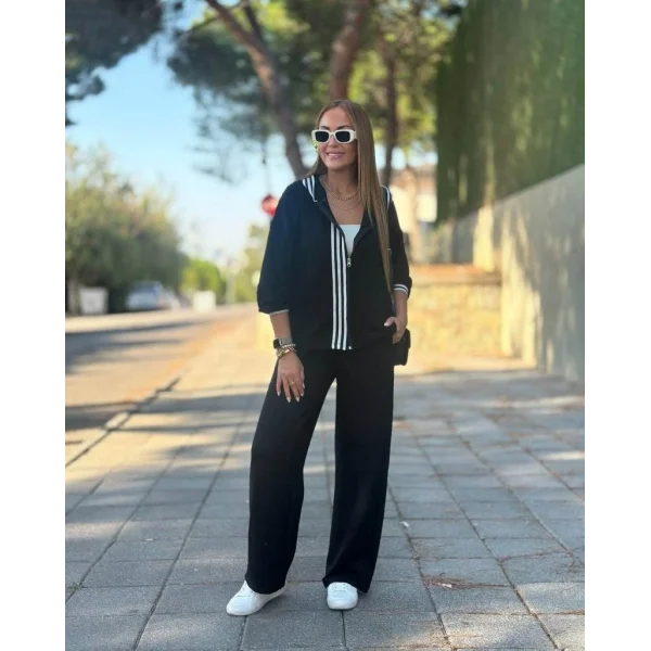 Kadın Uzun Kollu Kapşonlu Onu şerit Detaylı Fermuarlı Viskon Iki Iplik Bluz Ve Pantolon Ikili Takım