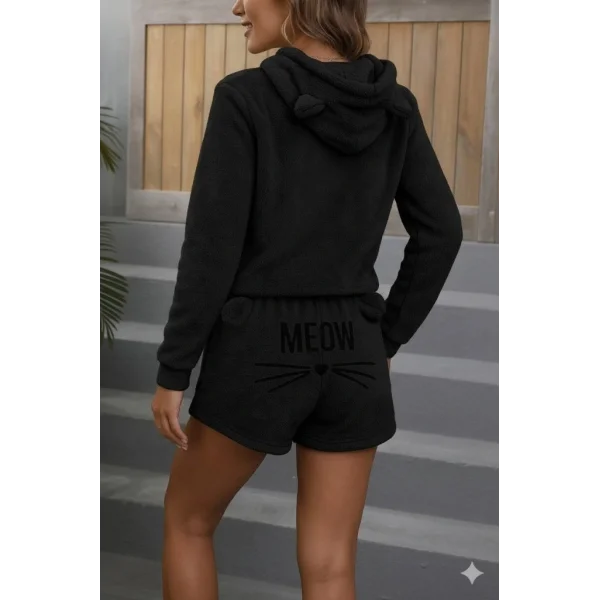 Kadın Uzun Kollu Kapşonlu Peluş Bluz Ve Kısa Short Ikili Takım