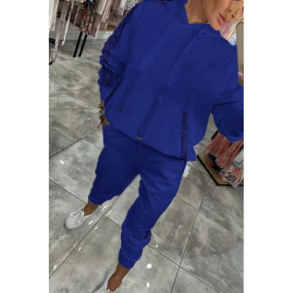 Kadın Uzun Kollu Kapşonlu Pulpayet Detay Viskon Iki Iplik Bluz Ve Pantolon Ikili Takım