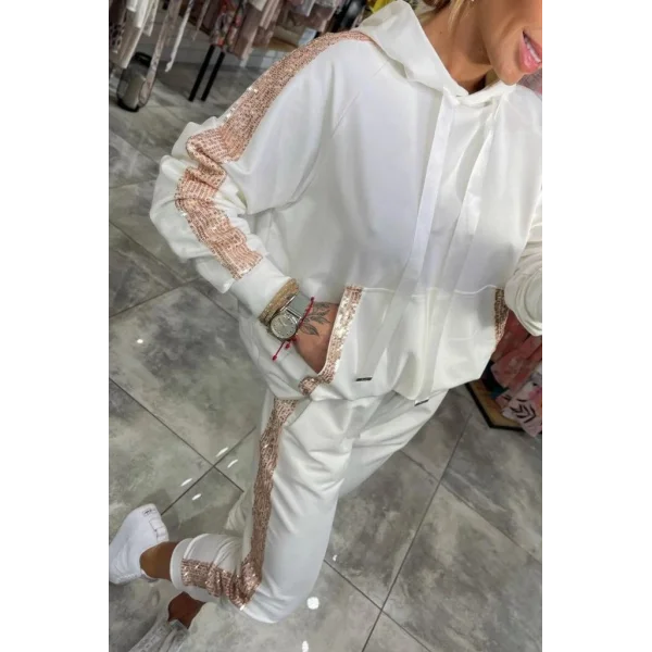 Kadın Uzun Kollu Kapşonlu Pulpayet Detay Viskon Iki Iplik Bluz Ve Pantolon Ikili Takım