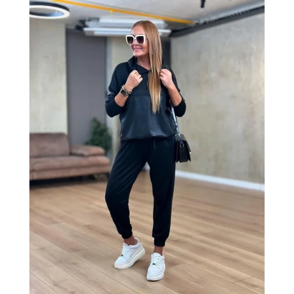 Kadın Uzun Kollu Kapşonlu Viskon Iki Iplik Bluz Ve Pantolon Ikili Takım