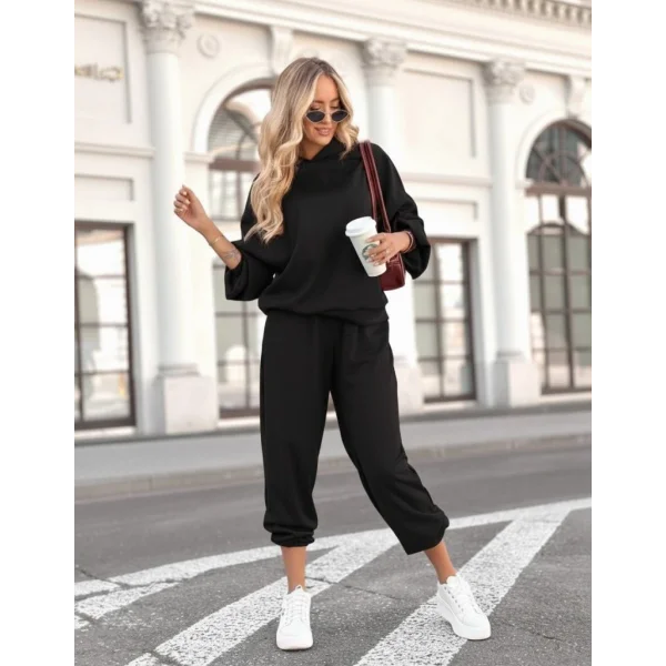 Kadın Uzun Kollu Kapşonlu Viskon Iki Iplik Bluz Ve Pantolon Ikili Takım