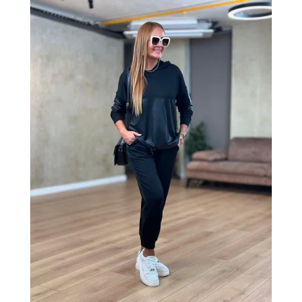 Kadın Uzun Kollu Kapşonlu Viskon Iki Iplik Bluz Ve Pantolon Ikili Takım