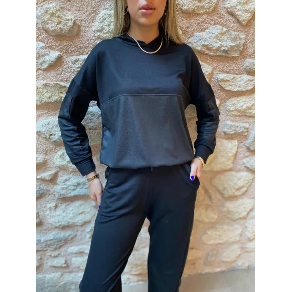 Kadın Uzun Kollu Kapşonlu Viskon Iki Iplik Bluz Ve Pantolon Ikili Takım