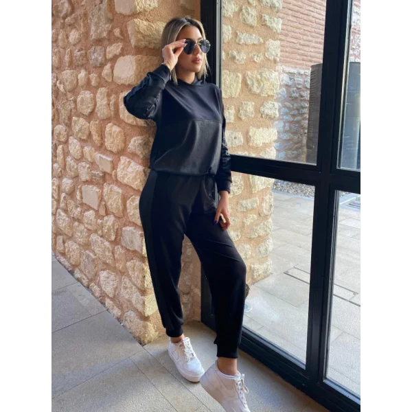 Kadın Uzun Kollu Kapşonlu Viskon Iki Iplik Bluz Ve Pantolon Ikili Takım